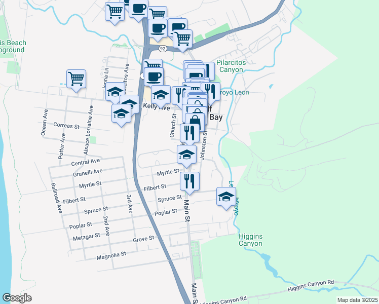 map of restaurants, bars, coffee shops, grocery stores, and more near 728 Main Street in Half Moon Bay