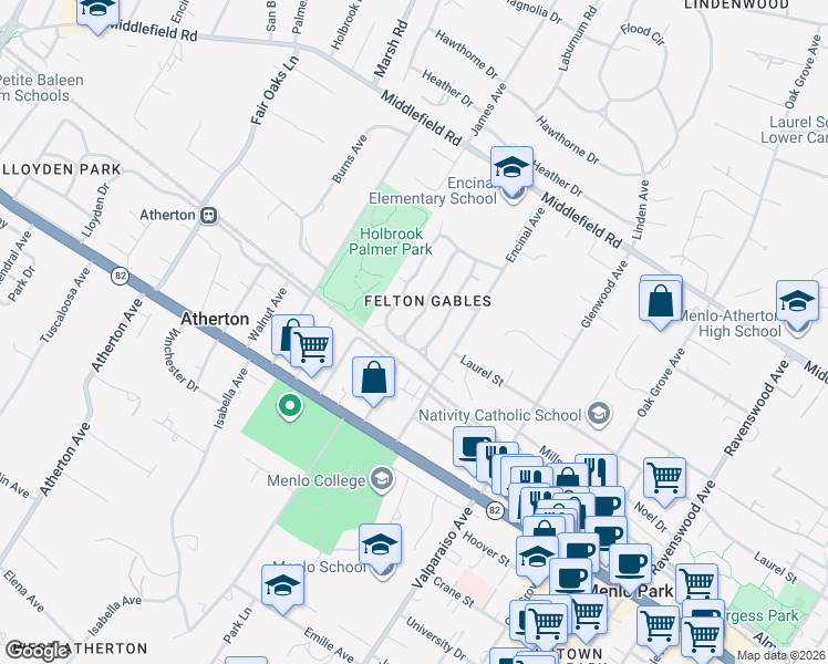 map of restaurants, bars, coffee shops, grocery stores, and more near 365 Arden Road in Menlo Park