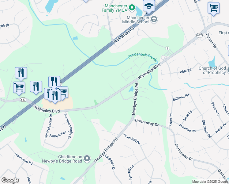 map of restaurants, bars, coffee shops, grocery stores, and more near 7704 Walmsley Boulevard in Richmond
