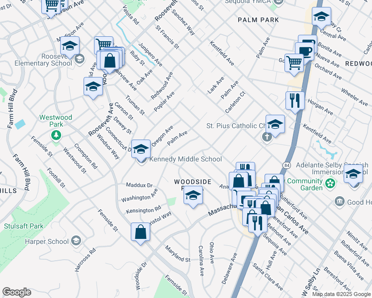 map of restaurants, bars, coffee shops, grocery stores, and more near 2083 Washington Avenue in Redwood City