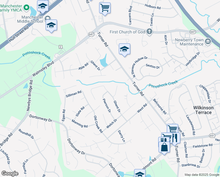 map of restaurants, bars, coffee shops, grocery stores, and more near 3421 Ghent Drive in Chesterfield