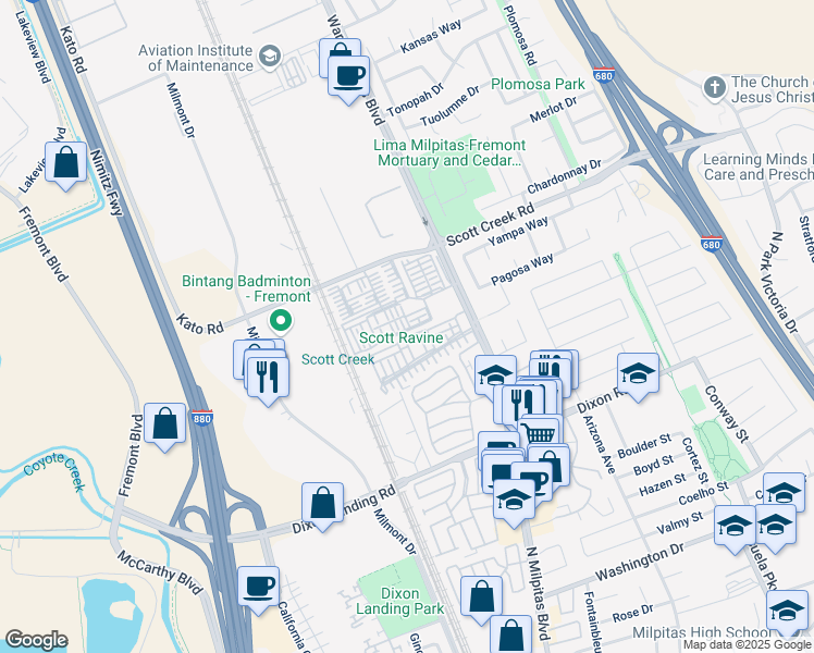 map of restaurants, bars, coffee shops, grocery stores, and more near 49070 Pampas Grass Terrace in Fremont