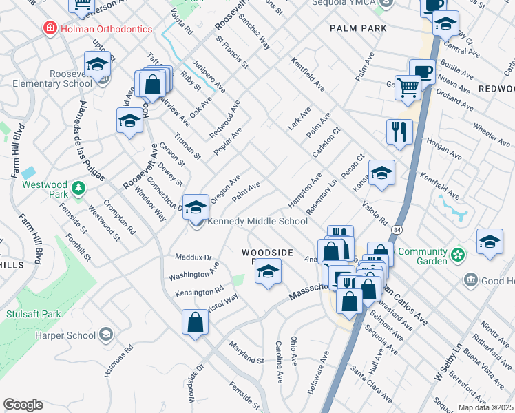 map of restaurants, bars, coffee shops, grocery stores, and more near 2083 Washington Avenue in Redwood City