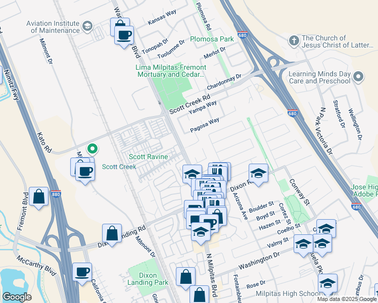map of restaurants, bars, coffee shops, grocery stores, and more near 49110 Tomahawk Place in Fremont