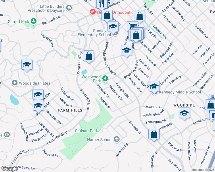 map of restaurants, bars, coffee shops, grocery stores, and more near 2912 Roosevelt Avenue in Redwood City