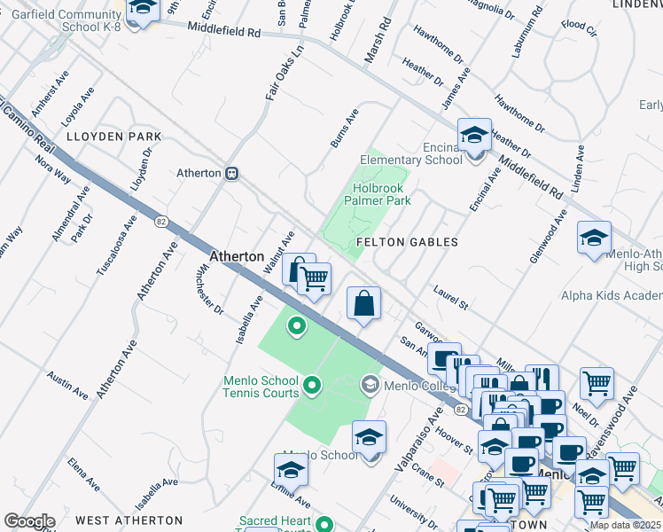 map of restaurants, bars, coffee shops, grocery stores, and more near 184 Spruce Avenue in Menlo Park