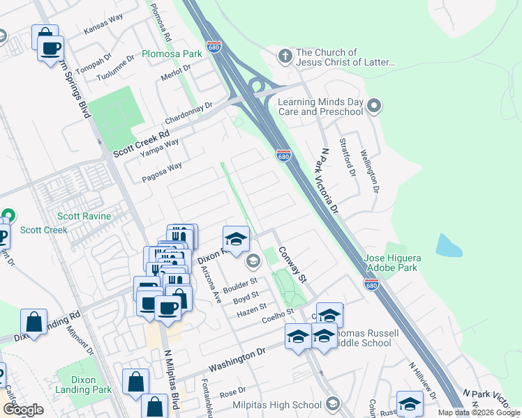 map of restaurants, bars, coffee shops, grocery stores, and more near 386 Gosser Street in Milpitas