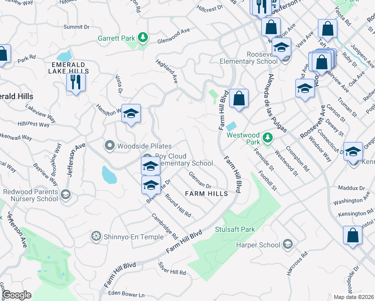 map of restaurants, bars, coffee shops, grocery stores, and more near 754 Castle Hill Road in Redwood City