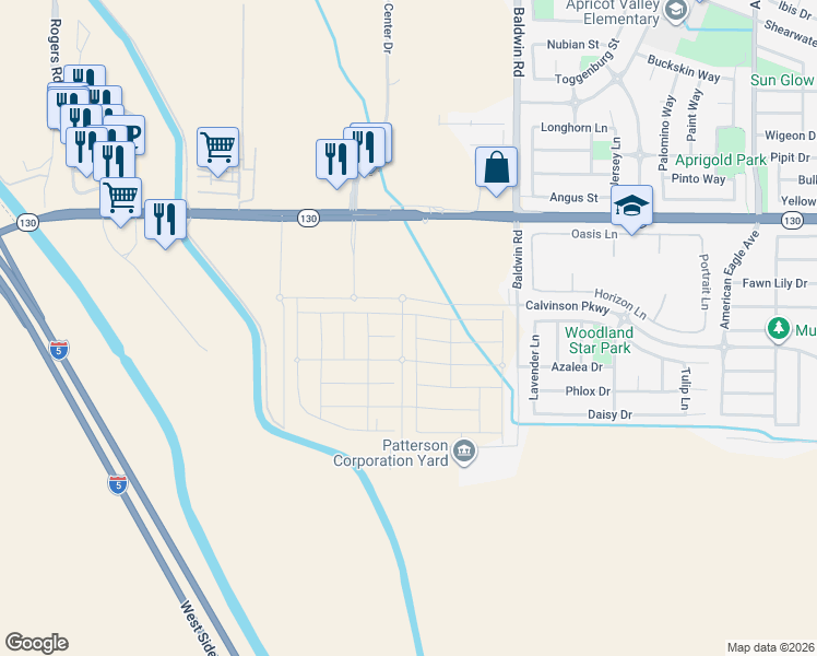 map of restaurants, bars, coffee shops, grocery stores, and more near 2236 Sperry Avenue in Patterson