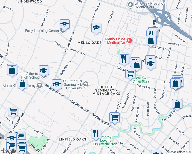 map of restaurants, bars, coffee shops, grocery stores, and more near 1 Pepperwood Court in Menlo Park