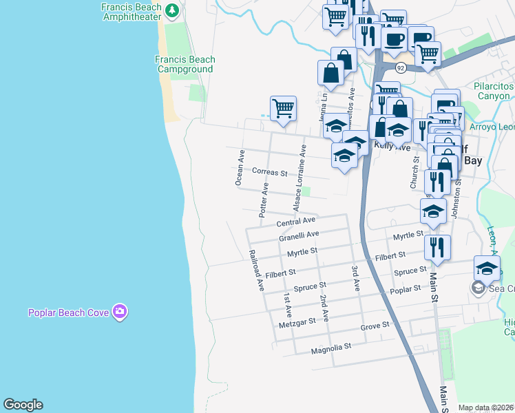 map of restaurants, bars, coffee shops, grocery stores, and more near 229 Garcia Avenue in Half Moon Bay