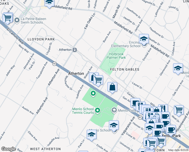 map of restaurants, bars, coffee shops, grocery stores, and more near 64 Watkins Avenue in Atherton