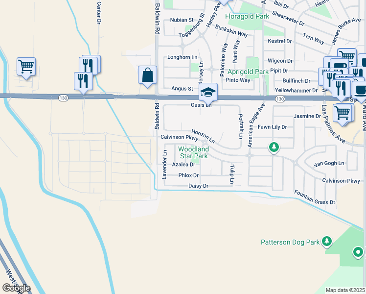 map of restaurants, bars, coffee shops, grocery stores, and more near 1512 Marigold Drive in Patterson