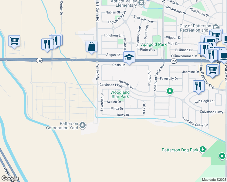 map of restaurants, bars, coffee shops, grocery stores, and more near 1512 Marigold Drive in Patterson