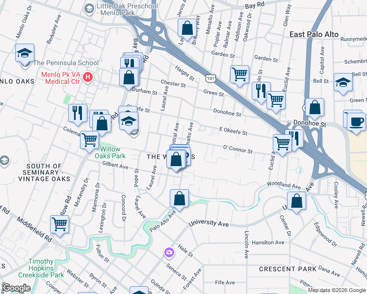 map of restaurants, bars, coffee shops, grocery stores, and more near 1975 Menalto Avenue in Menlo Park