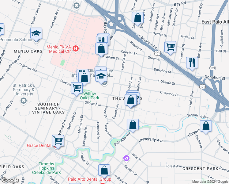 map of restaurants, bars, coffee shops, grocery stores, and more near 510 Pope Street in Menlo Park