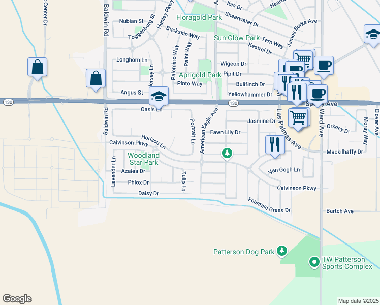 map of restaurants, bars, coffee shops, grocery stores, and more near 1303 Horizon Lane in Patterson
