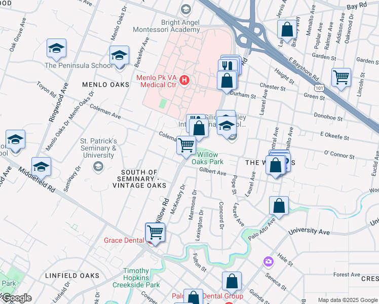 map of restaurants, bars, coffee shops, grocery stores, and more near 485 Willow Road in Menlo Park