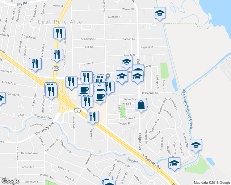 map of restaurants, bars, coffee shops, grocery stores, and more near 951 O' Connor Street in Palo Alto