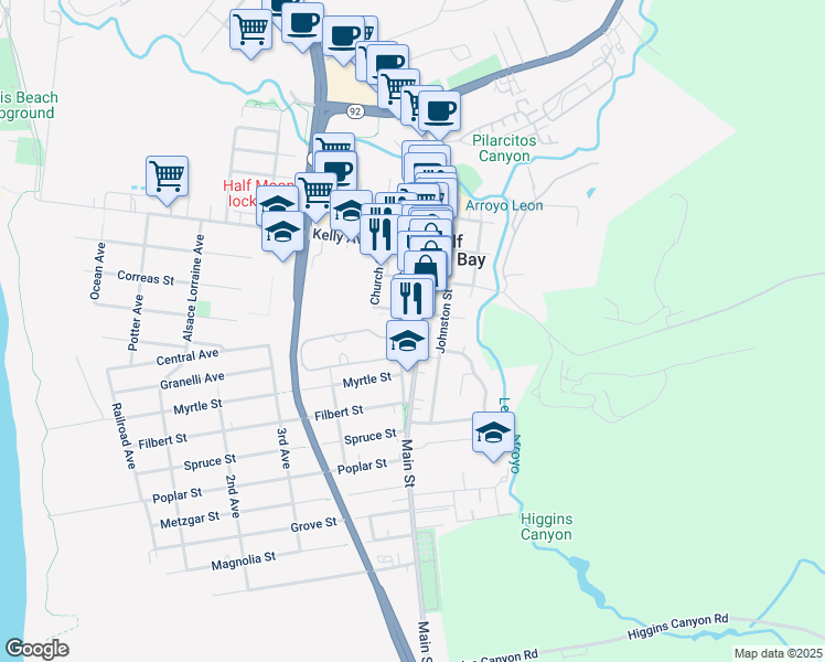 map of restaurants, bars, coffee shops, grocery stores, and more near 728 Main Street in Half Moon Bay