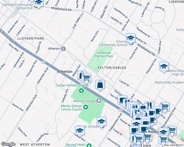 map of restaurants, bars, coffee shops, grocery stores, and more near 192 Spruce Avenue in Menlo Park