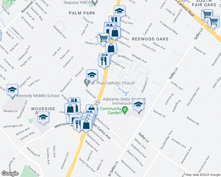 map of restaurants, bars, coffee shops, grocery stores, and more near 43 Atherwood Avenue in Redwood City