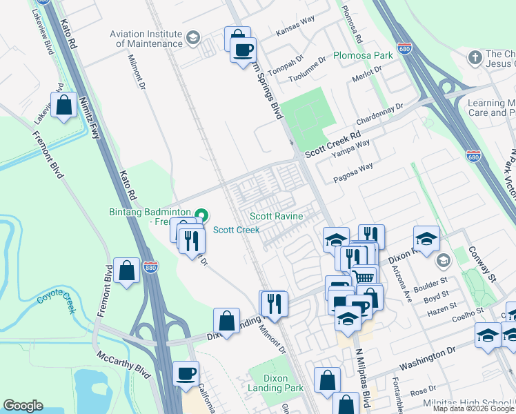 map of restaurants, bars, coffee shops, grocery stores, and more near 48993 Tassel Fern Common in Fremont