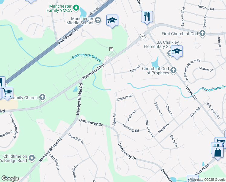 map of restaurants, bars, coffee shops, grocery stores, and more near 7102 Egan Place in Chesterfield