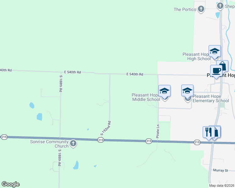 map of restaurants, bars, coffee shops, grocery stores, and more near 5414 South 192nd Road in Pleasant Hope