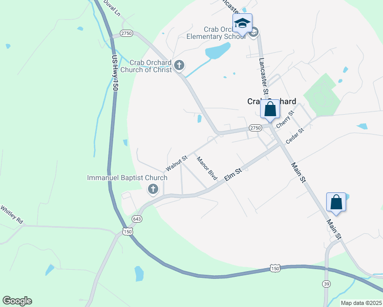 map of restaurants, bars, coffee shops, grocery stores, and more near Walnut Street in Crab Orchard