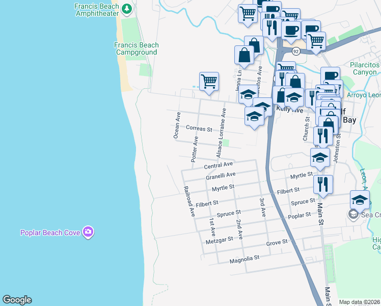 map of restaurants, bars, coffee shops, grocery stores, and more near 229 Garcia Avenue in Half Moon Bay