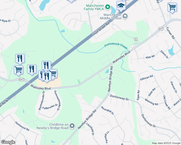 map of restaurants, bars, coffee shops, grocery stores, and more near 7710 Walmsley Boulevard in Richmond