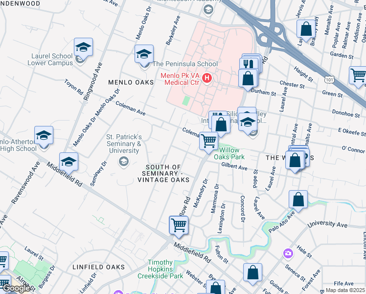 map of restaurants, bars, coffee shops, grocery stores, and more near 730 Gilbert Avenue in Menlo Park