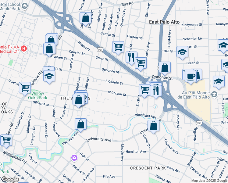 map of restaurants, bars, coffee shops, grocery stores, and more near 329 O' Connor Street in Menlo Park