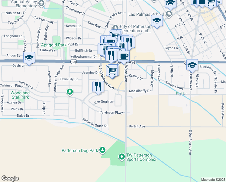 map of restaurants, bars, coffee shops, grocery stores, and more near 1035 Winter Lane in Patterson
