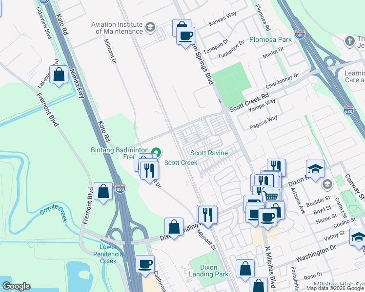 map of restaurants, bars, coffee shops, grocery stores, and more near 599 Ginkgo Terrace in Fremont