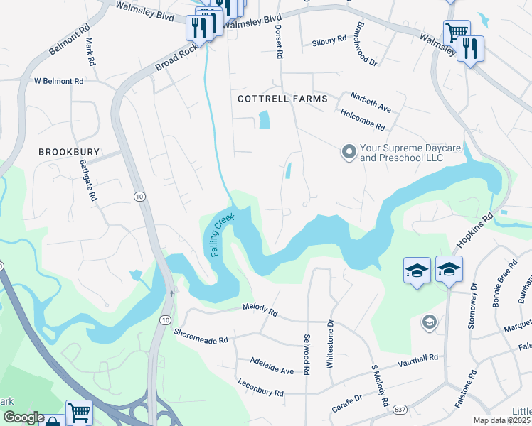 map of restaurants, bars, coffee shops, grocery stores, and more near 4242 Grantlake Road in Richmond
