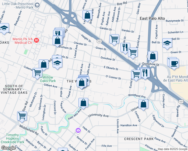 map of restaurants, bars, coffee shops, grocery stores, and more near 130 O' Connor Street in Menlo Park