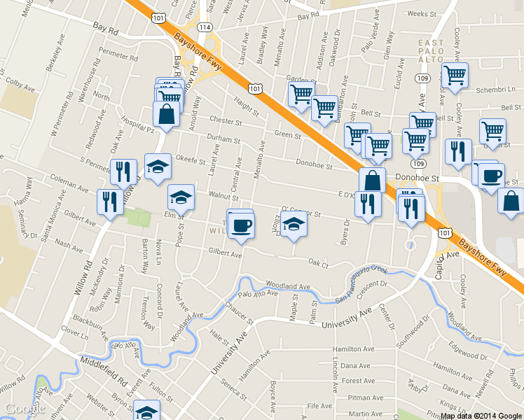 map of restaurants, bars, coffee shops, grocery stores, and more near 130 O' Connor Street in Menlo Park