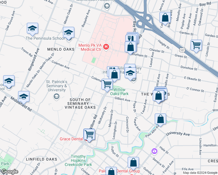 map of restaurants, bars, coffee shops, grocery stores, and more near 497 Willow Road in Menlo Park
