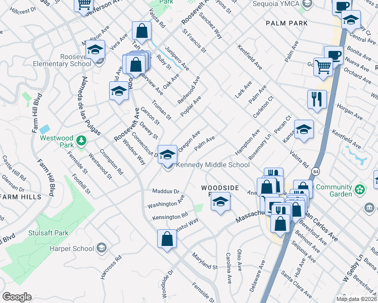 map of restaurants, bars, coffee shops, grocery stores, and more near 2443 Palm Avenue in Redwood City