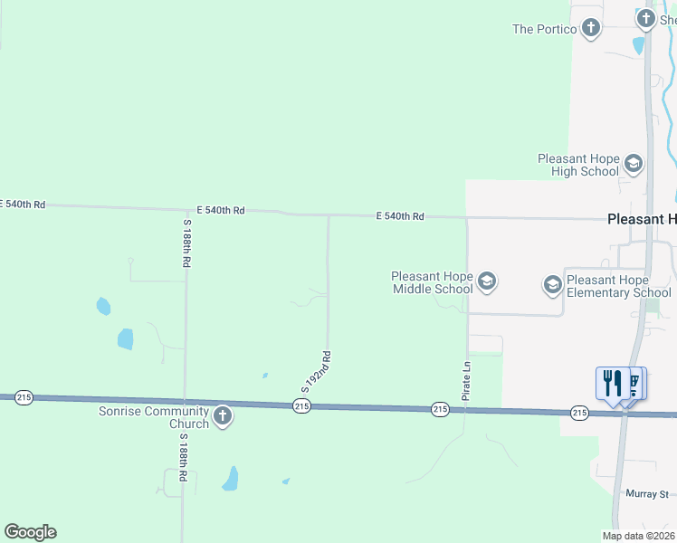 map of restaurants, bars, coffee shops, grocery stores, and more near 5414 South 192nd Road in Pleasant Hope