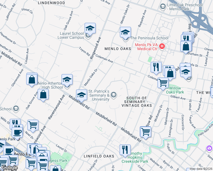 map of restaurants, bars, coffee shops, grocery stores, and more near 135 Seminary Dr in Menlo Park