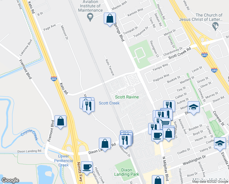 map of restaurants, bars, coffee shops, grocery stores, and more near 527 Tumble Grass Terrace in Fremont