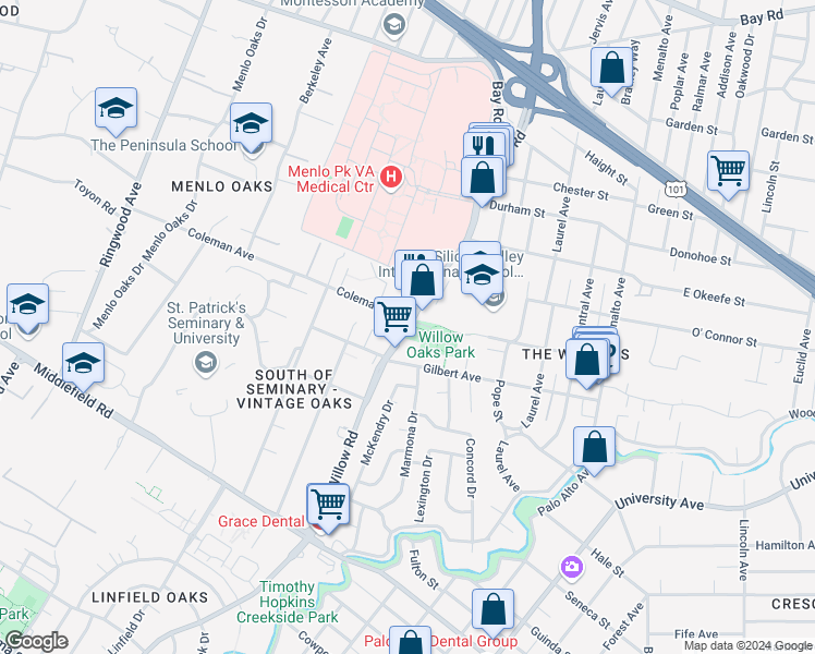 map of restaurants, bars, coffee shops, grocery stores, and more near 497 Willow Road in Menlo Park