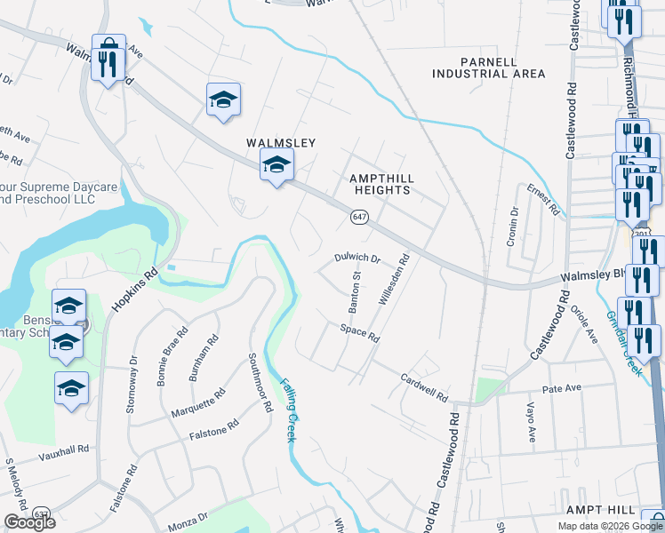 map of restaurants, bars, coffee shops, grocery stores, and more near 4706 Banton Street in Richmond