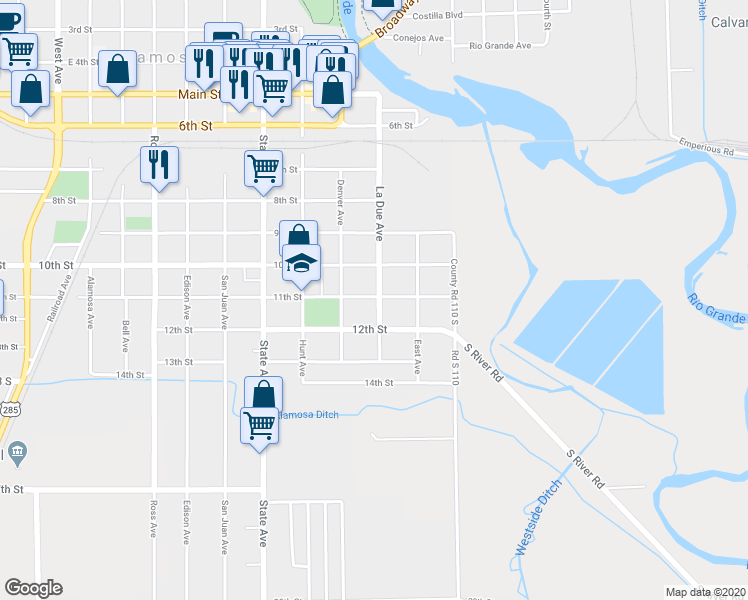 map of restaurants, bars, coffee shops, grocery stores, and more near 304 11th Street in Alamosa