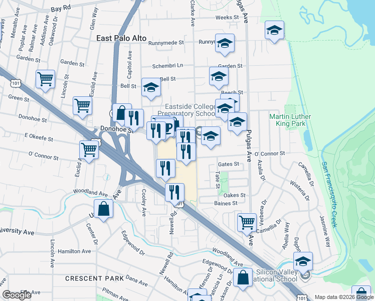 map of restaurants, bars, coffee shops, grocery stores, and more near 1765 East Bayshore Road in Palo Alto
