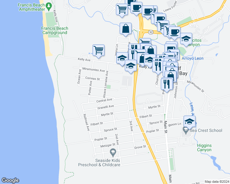map of restaurants, bars, coffee shops, grocery stores, and more near 436 Valdez Avenue in Half Moon Bay