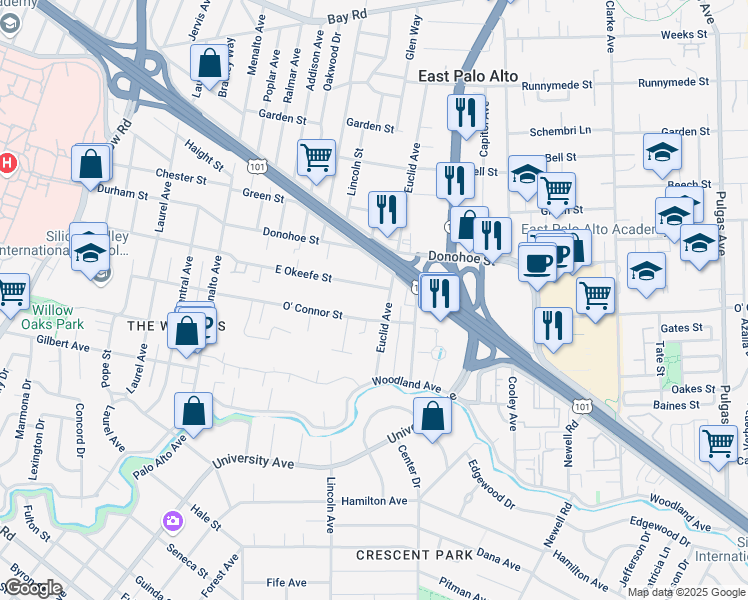 map of restaurants, bars, coffee shops, grocery stores, and more near in East Palo Alto